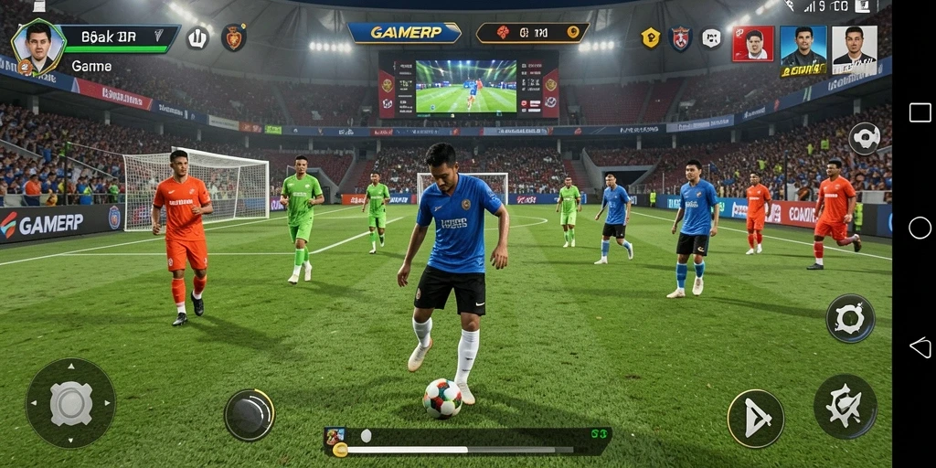 Screenshot GAMERP menunjukkan aksi pertandingan sepak bola yang mendebarkan.