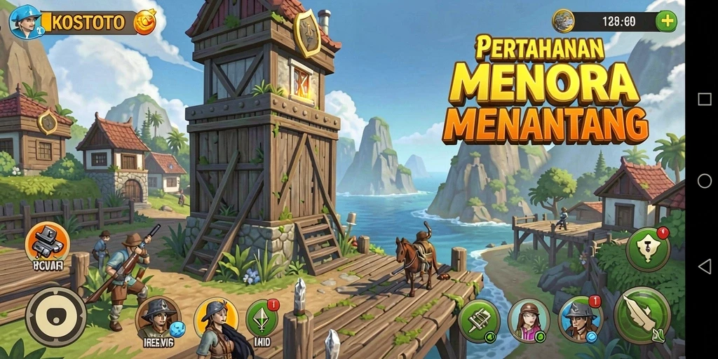 Screenshot gameplay KOSTOTO menampilkan aksi seru di medan pertempuran Tower Defense.