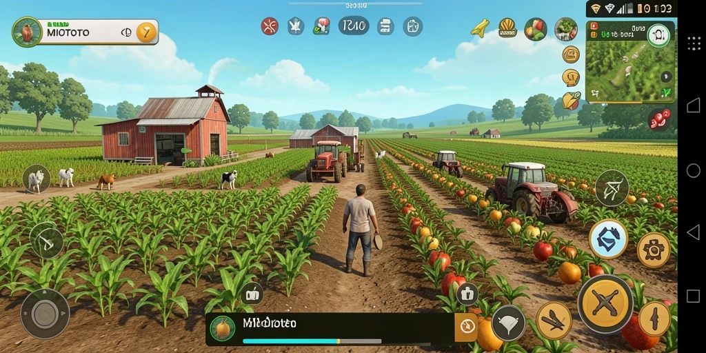 Tampilan gameplay <strong>MIOTOTO</strong> dengan ladang yang indah dan beragam tanaman.
