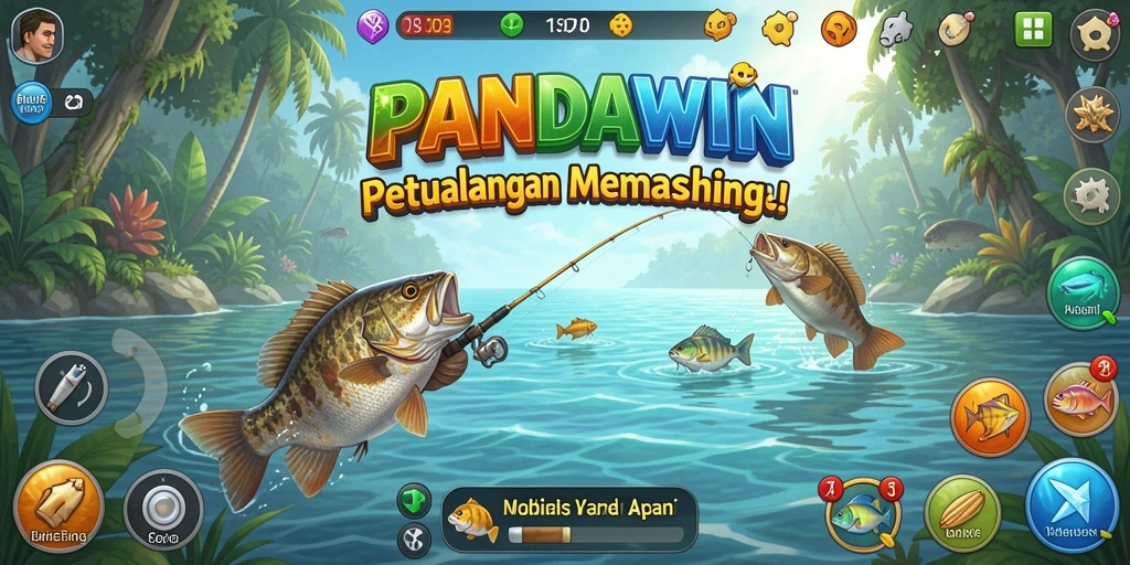 Tampilan gameplay <strong>PANDAWIN</strong> yang menampilkan keindahan lokasi memancing.