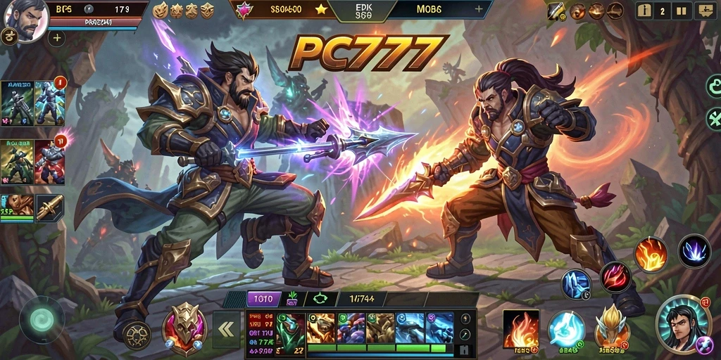Screenshot menunjukkan pertarungan tim yang intens dalam game MOBA PC777.