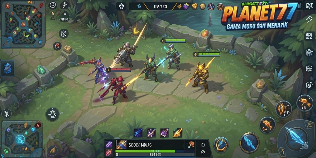 Gameplay seru dalam PLANET77 dengan pertarungan antar pemain MOBA.