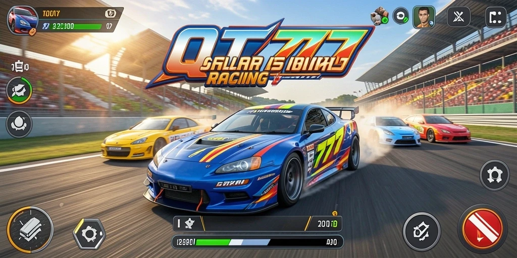 Tangkapan layar utama QT777 menampilkan aksi balap yang mendebarkan.