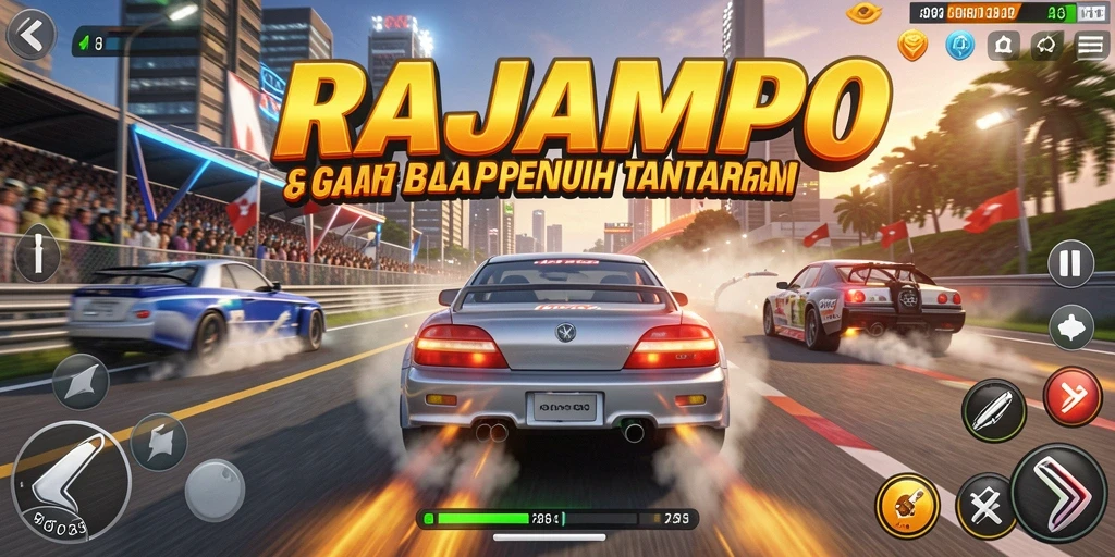 Tangkapan layar RAJAMPO menampilkan balapan yang mendebarkan dengan grafik berkualitas tinggi.