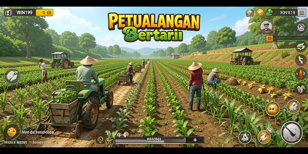 Tampilan gameplay <strong>WIN199</strong> dengan kebun yang indah dan aktivitas bertani.